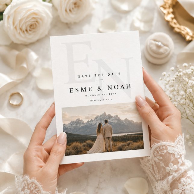 Elegant Monogram Mountain couple photo Save The Date (Creator Uploaded)