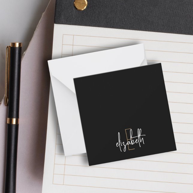 Elegant Monogram Name Black Gold Script Card (Creator Uploaded)