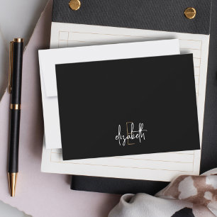 Elegant Monogram Name Black Gold Script Note Card