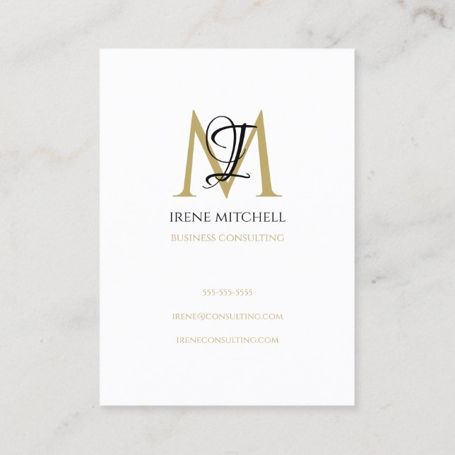 Elegant Monogram Name Black White Gold Business Card (Back)