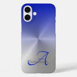 Elegant Monogram Name Blue Ombre Faux Metal iPhone 16 Plus Case