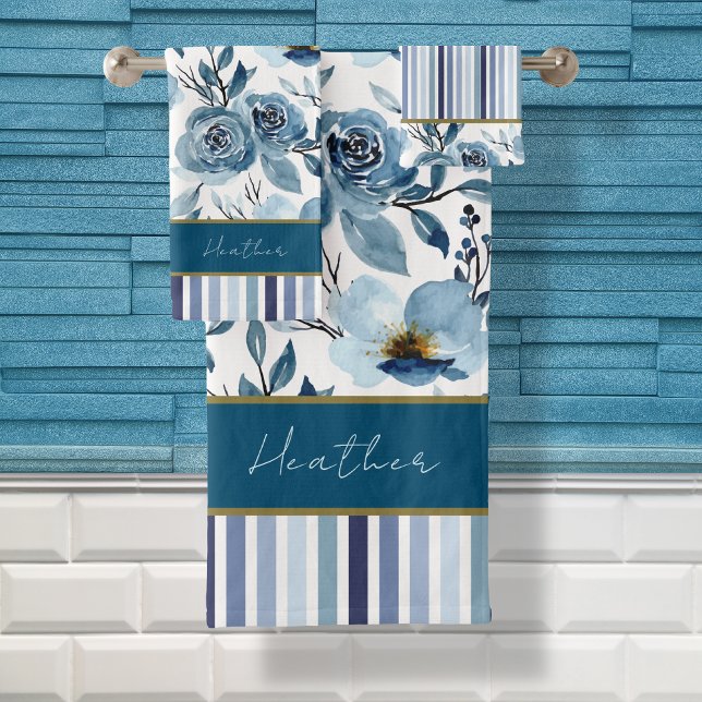 Elegant Monogram Name Blue Rose Floral Stripe  Bath Towel Set (Creator Uploaded)