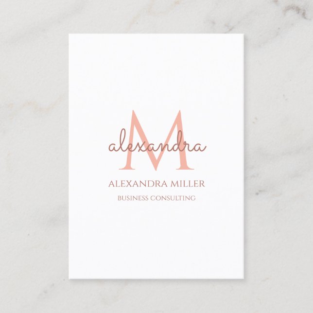 Elegant Monogram Name Blush Pink White Business Card (Front)