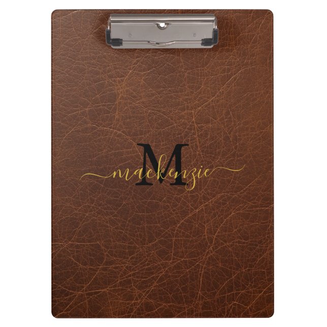 Elegant Monogram Name Brown Leather Style Clipboard (Front)