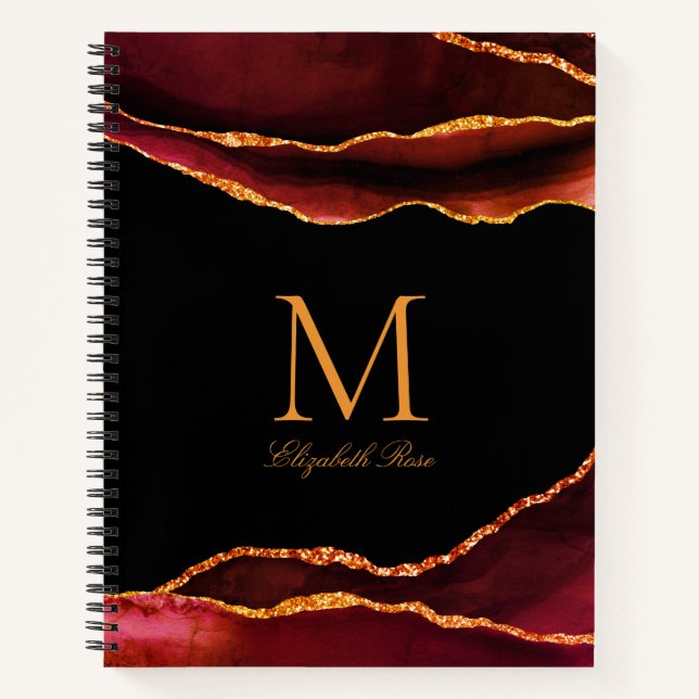 Elegant Monogram Name Burgundy Rust Gold Black Notebook (Front)
