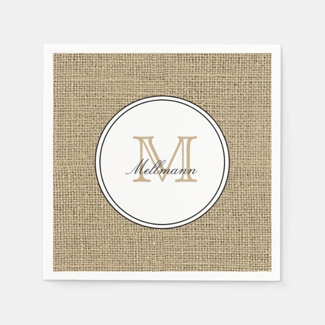 Elegant Monogram Name Country Chic Style Burlap Napkin (Front)