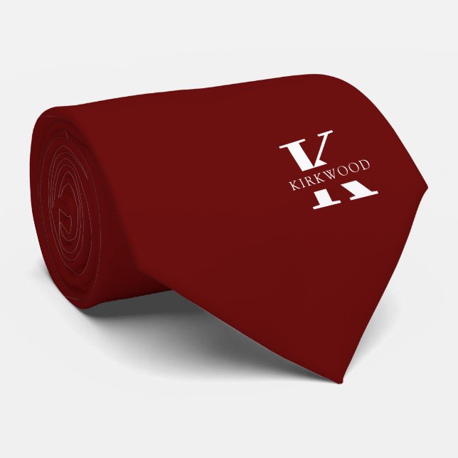 Elegant Monogram + Name | Deep Red | One-Sided Tie (Rolled)