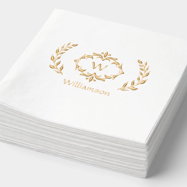 Elegant Monogram Name Fancy Wreath White Gold Foil Napkins (Detail)