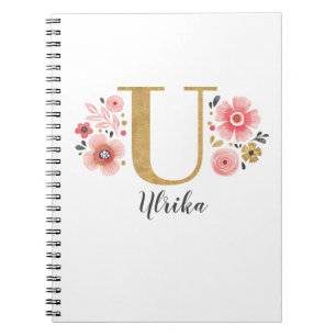 Elegant Monogram Name Floral White Pink Script Notebook