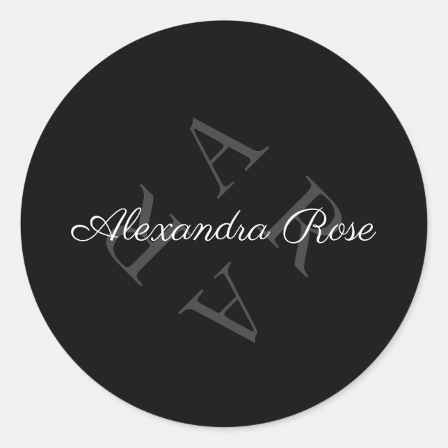 Elegant Monogram Name Grey Black Classic Round Sticker (Front)