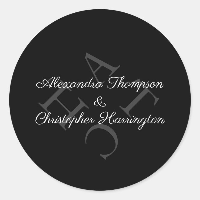 Elegant Monogram Name Grey Black Classic Round Sticker (Front)