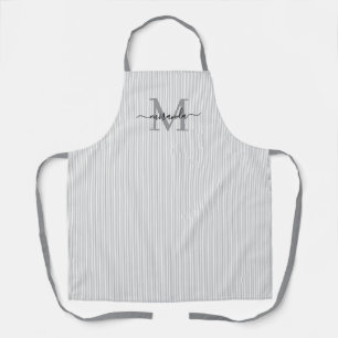 Elegant Monogram Name Grey Stripe Apron