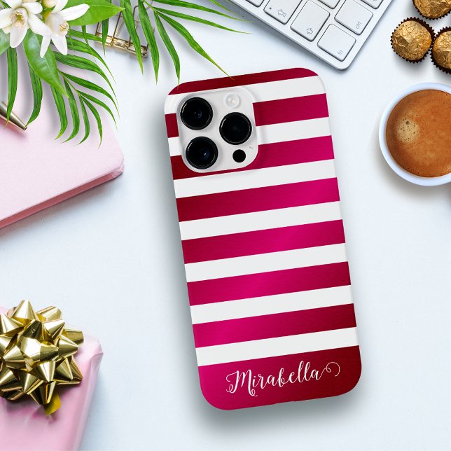 Elegant Monogram Name Hot Pink and White Stripes Case-Mate iPhone Case (Creator Uploaded)