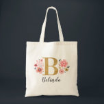 Elegant Monogram Name Initial Gold Floral  Tote Bag<br><div class="desc">A beautiful,  feminine monogrammed pink floral tote bag featuring pink flowers and a faux gold monogram letter "B". Personalise the tote bag by adding your name underneath the monogram. Makes a fun gift for a friend or for a bridesmaid gift. Designed for you by Blackberry Boulevard.</div>