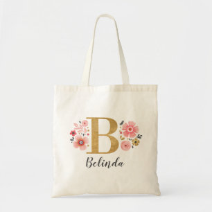 Elegant Monogram Name Initial Gold Floral  Tote Bag