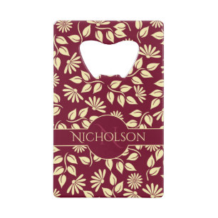 Elegant Monogram Name Leaf Daisy Pattern Burgundy