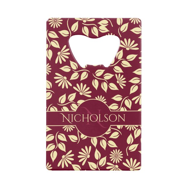 Elegant Monogram Name  Leaf Daisy Pattern Burgundy (Front)