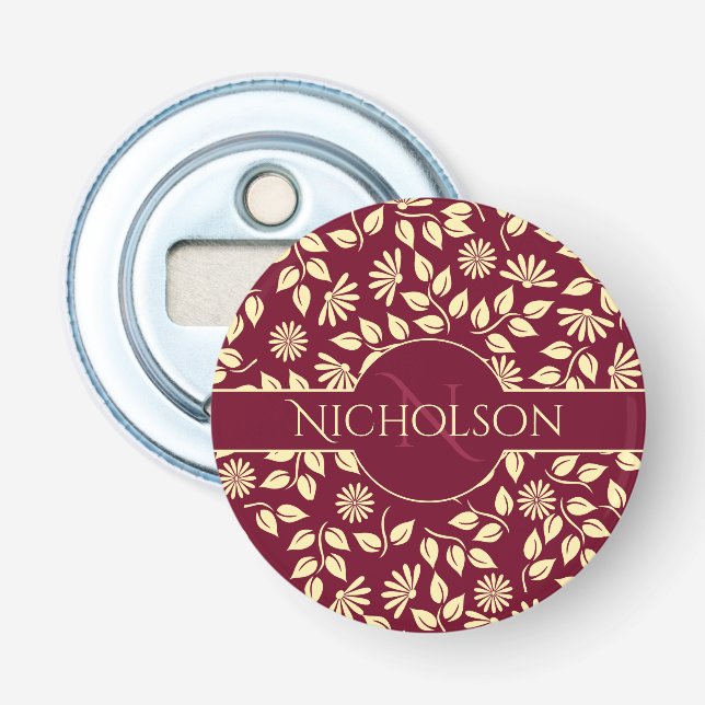 Elegant Monogram Name  Leaf Daisy Pattern Burgundy Bottle Opener (Front)
