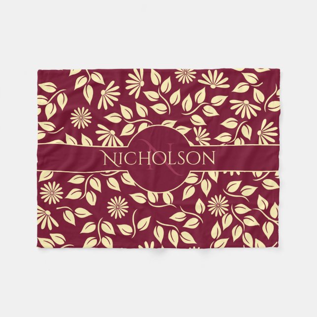 Elegant Monogram Name  Leaf Daisy Pattern Burgundy Fleece Blanket (Front (Horizontal))