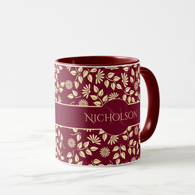 Elegant Monogram Name  Leaf Daisy Pattern Burgundy Mug (Front Right)