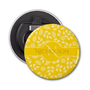 Elegant Monogram Name Leaf Daisy Pattern Yellow Bottle Opener