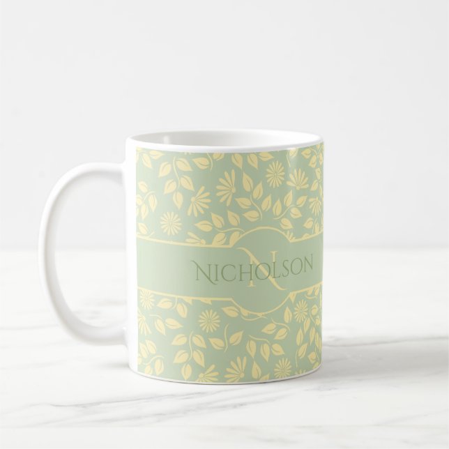 Elegant Monogram Name  Leaf Pattern Pastel Green Coffee Mug (Left)
