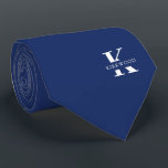 Elegant Monogram   Name | Navy Blue | Two-Sided Tie<br><div class="desc">An elegant 2 sided necktie featuring a bold white monogram across a deep Navy Blue background. Atop this monogram sits your first or last name spelled out in all capitals. If you prefer a bolder look for the personal name inside of the large letter you can do the following: Use...</div>