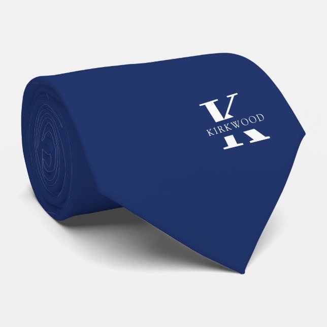 Elegant Monogram + Name | Navy Blue | Two-Sided Tie (Rolled)