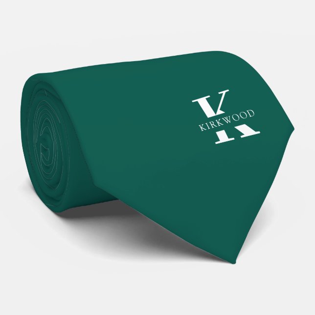 Elegant Monogram + Name | Pine Green | One-Sided Tie (Rolled)