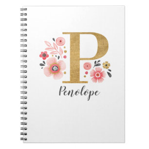 Elegant Monogram Name Pink White Floral Office Notebook