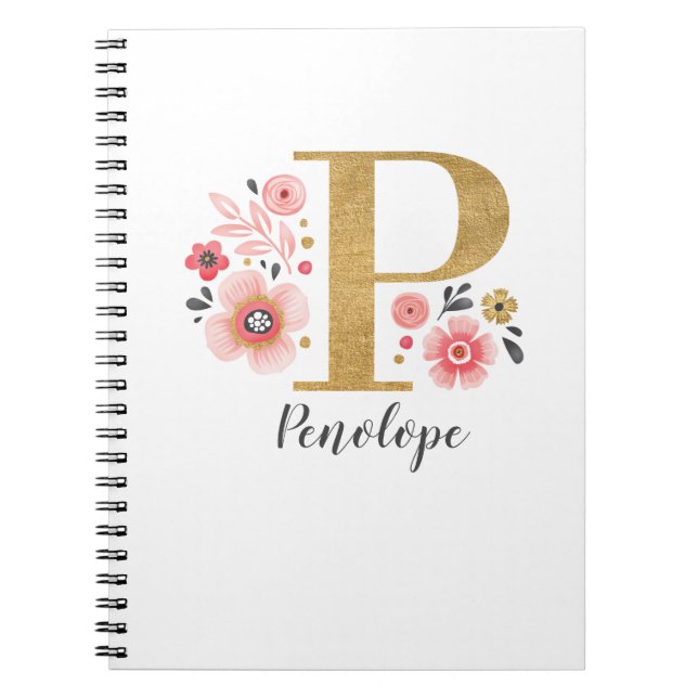 Elegant Monogram Name Pink White Floral Office Notebook (Front)