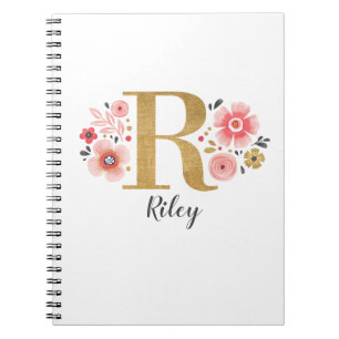 Elegant Monogram Name Pink White Floral Office Notebook