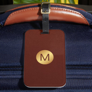 Elegant Monogram Name Red Leather & Gold  Luggage Tag