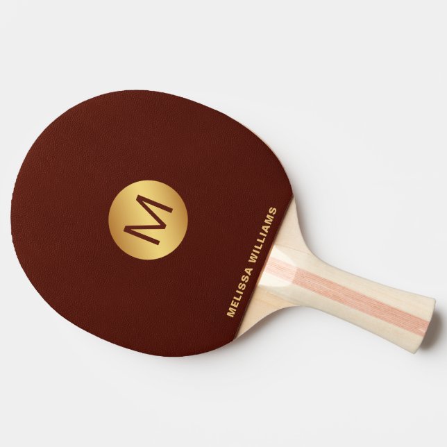 Elegant Monogram Name Red Leather & Gold  Ping Pong Paddle (Side)