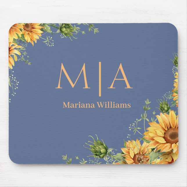 elegant monogram name sunflowers orange blue mouse pad (Front)