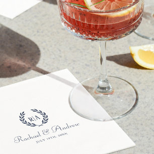 Elegant Monogram Name Wedding Wreath Navy Napkin