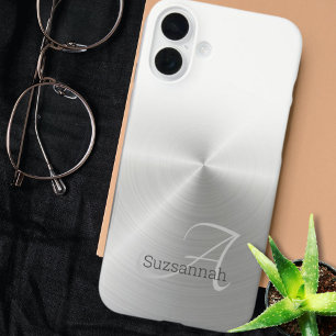 Elegant Monogram Name White Ombre Faux Metal iPhone 16 Plus Case