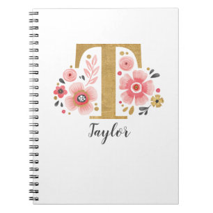 Elegant Monogram Name White Pink Floral Script Notebook