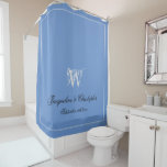 Elegant Monogram & Names Light Blue Grey Black  Shower Curtain<br><div class="desc">Makes a lovely wedding gift. Elegant Monogram & Names Light Blue Grey Black Shower Curtain. Elegant personalised light blue and light grey monogrammed Shower Curtain. Cool classic script for the monogram initial, the names of the bride and groom and the wedding date on a light blue background. Lovely useful gift...</div>
