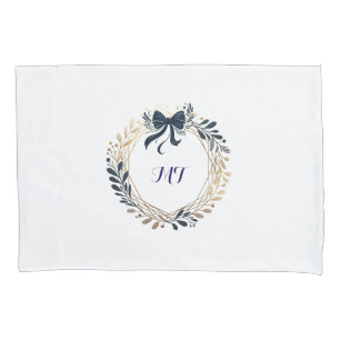 Elegant Monogram Navy and Gold Wreath Bow Pillowcase