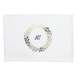 Elegant Monogram Navy and Gold Wreath  Pillowcase