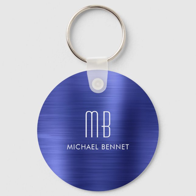 Elegant Monogram Navy Blue Faux Brushed Metal Key Ring (Front)