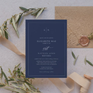 Elegant Monogram Navy Blue Formal Wedding Invitation