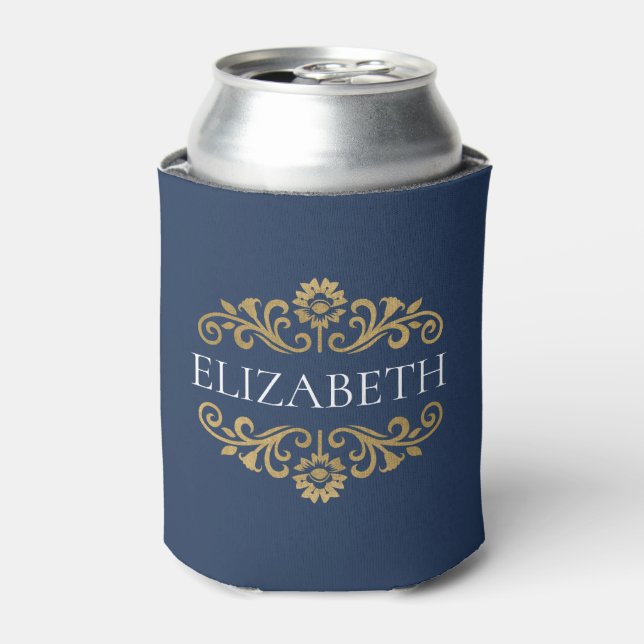 Elegant Monogram Navy Blue Party Can Cooler (Can Front)