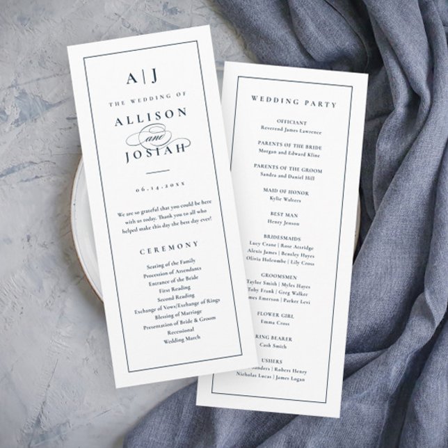 Elegant Monogram Navy Blue Wedding Program (Elegant Navy Blue and White Wedding Programs with Monogram.)