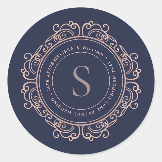 Elegant Monogram Navy Copper Blush Address Seal (Front)