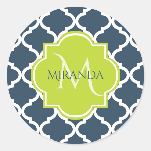 Elegant Monogram Navy Green Quatrefoil and Name Classic Round Sticker (Front)