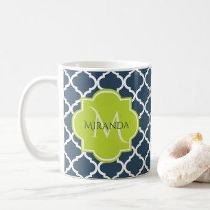 Elegant Monogram Navy Green Quatrefoil and Name Coffee Mug
