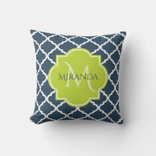 Elegant Monogram Navy Green Quatrefoil and Name Cushion