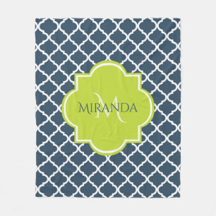 Elegant Monogram Navy Green Quatrefoil and Name Fleece Blanket
